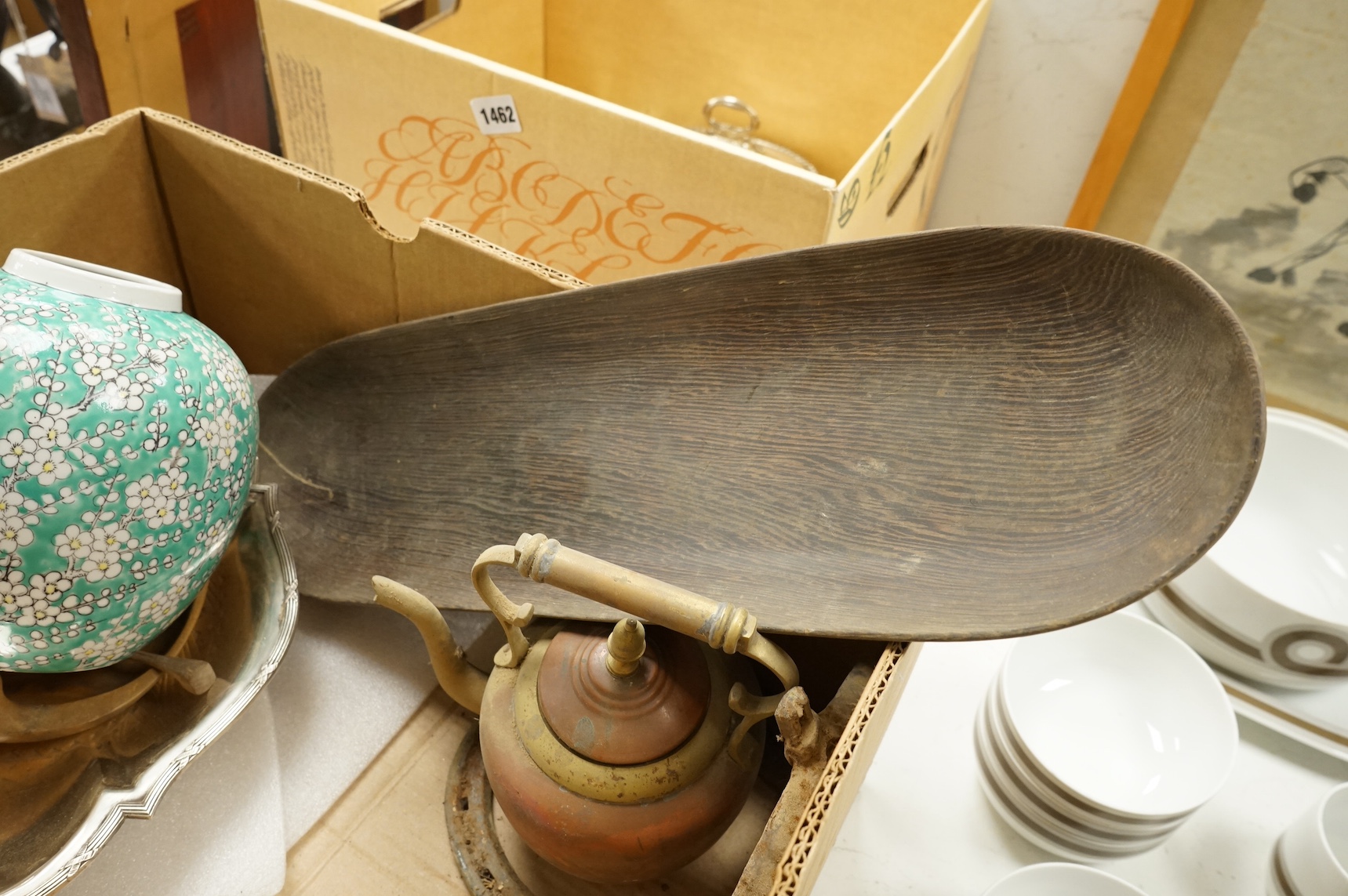 Sundry items to include carved wooden fruit, metalware and a Chinese jar. Condition - varies